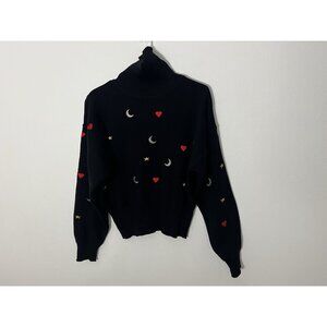 Vintage Meister Black Turtleneck Sweater Embroidered Hearts Stars Moons Medium